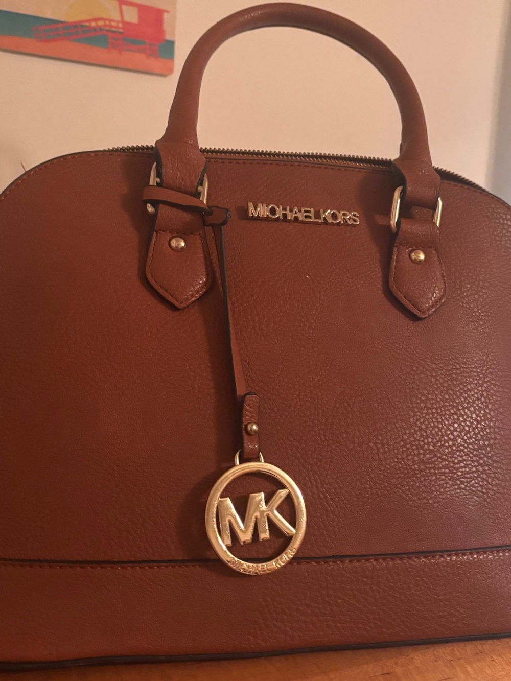 Michael Kors Tan Leather Dome Satchel w/ MK Charm - Good Condition